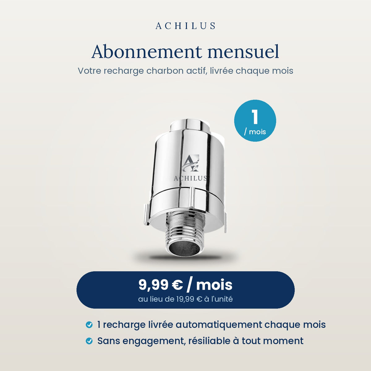 Filtre à eau au charbon actif Achilus, finition chromée