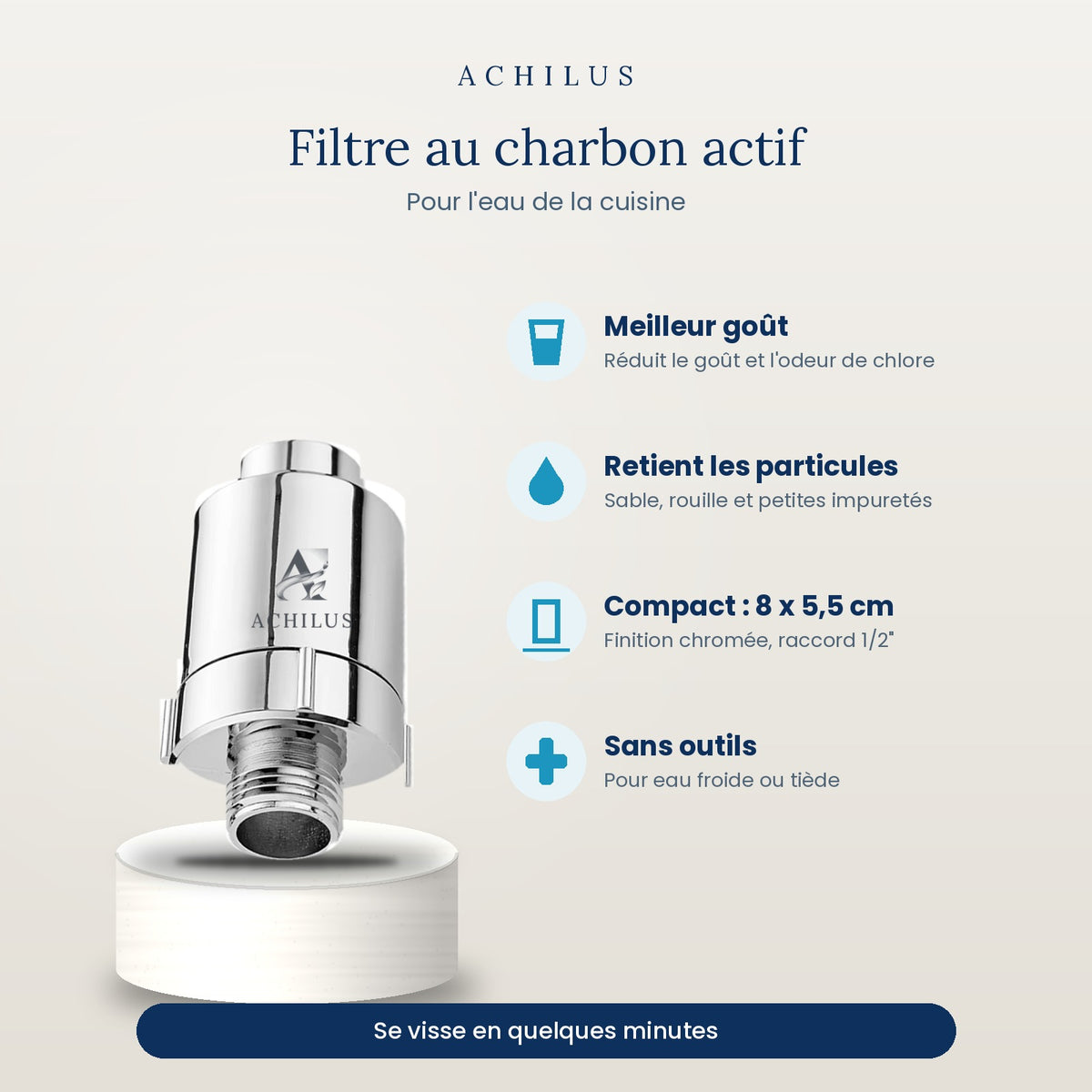 Filtre à eau au charbon actif Achilus, finition chromée