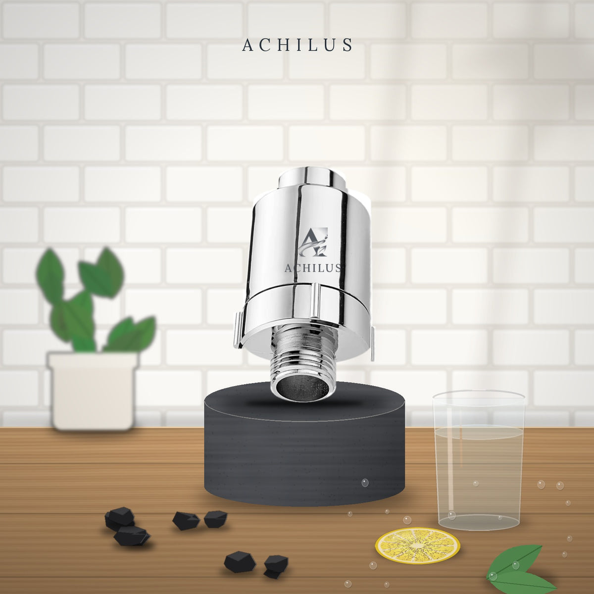 Filtre à eau au charbon actif Achilus, finition chromée
